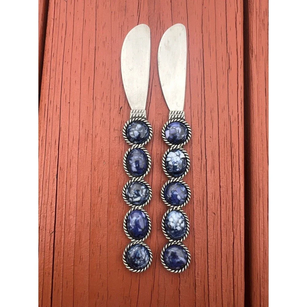 Vintage Southwestern Blue Stone Cheese Spreaders - Set of 2 - Silver Tone Boho
